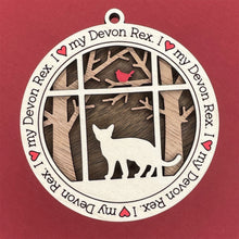 Load image into Gallery viewer, Share the love for our furry friends with these beautiful cat ornaments!  100 different options available.  Send us the name you'd like personalized on it & we'll add it to your ornament.  Our standard background is the trees with the cardinal in them.  If you'd like a different background, please contact us.