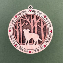 Load image into Gallery viewer, Share the love for our furry friends with these beautiful I Love My Dog ornaments!  250 Breeds available.  Send us the name you'd like personalized on it & we'll add it to your ornament.