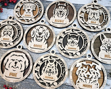 Load image into Gallery viewer,  Share the love for our furry friends with these beautiful dog ornaments! 115 Breeds available. Personalize with your pets name at no extra charge. Adorable dog image in the middle surrounded by a dog bone, a ball, a dog food bowl, a leash, a collar, the word Woof, and a poop image with a smile. Around the outer edge it reads lovable, caring, loyal, adorable, warm, dependable, joyous, companion, and friendly. A great gift for any dog lover!