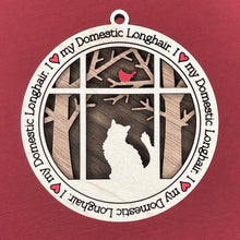 Load image into Gallery viewer, Share the love for our furry friends with these beautiful cat ornaments!  100 different options available.  Send us the name you'd like personalized on it & we'll add it to your ornament.  Our standard background is the trees with the cardinal in them.  If you'd like a different background, please contact us.
