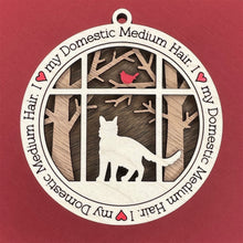 Load image into Gallery viewer, Share the love for our furry friends with these beautiful cat ornaments!  100 different options available.  Send us the name you'd like personalized on it & we'll add it to your ornament.  Our standard background is the trees with the cardinal in them.  If you'd like a different background, please contact us.
