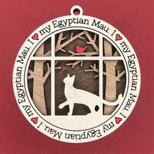 Load image into Gallery viewer, Share the love for our furry friends with these beautiful cat ornaments!  100 different options available.  Send us the name you'd like personalized on it & we'll add it to your ornament.  Our standard background is the trees with the cardinal in them.  If you'd like a different background, please contact us.