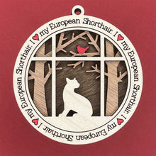 Load image into Gallery viewer, Share the love for our furry friends with these beautiful cat ornaments!  100 different options available.  Send us the name you'd like personalized on it & we'll add it to your ornament.  Our standard background is the trees with the cardinal in them.  If you'd like a different background, please contact us.