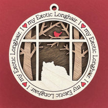 Load image into Gallery viewer, Share the love for our furry friends with these beautiful cat ornaments!  100 different options available.  Send us the name you'd like personalized on it & we'll add it to your ornament.  Our standard background is the trees with the cardinal in them.  If you'd like a different background, please contact us.