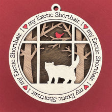 Load image into Gallery viewer, Share the love for our furry friends with these beautiful cat ornaments!  100 different options available.  Send us the name you'd like personalized on it & we'll add it to your ornament.  Our standard background is the trees with the cardinal in them.  If you'd like a different background, please contact us.