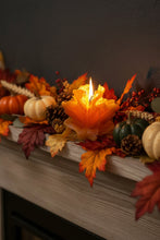 Load image into Gallery viewer, Get ready for the leaves changing colors & crisp fall days with this beautiful Fall Leaves Beeswax Candle. Adds a beautiful touch to centerpieces, Thanksgiving decor or Halloween decor. Available in orange, burgundy or yellow with a sparkly center.
