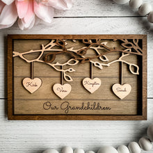 Load image into Gallery viewer, Beautiful wood Family Tree sign with hearts hanging down from branches with your family's names on each heart. You can add up to 25 names to each frame. At the bottom, we offer over 100 different options for wording on these custom home decor signs. Happy Mother's Day, We (heart) Mom, Happy Father's Day, We (heart) Grandma and many more.