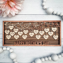 Load image into Gallery viewer, Beautiful wood Family Tree sign with hearts hanging down from branches with your family's names on each heart. You can add up to 25 names to each frame. At the bottom, we offer over 100 different options for wording on these custom home decor signs. Happy Mother's Day, We (heart) Mom, Happy Father's Day, We (heart) Grandma and many more.