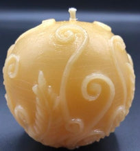 Load image into Gallery viewer, Adorable all natural beeswax ball candle with fern leaves and fiddleheads adorning the sides. Handmade in the USA.