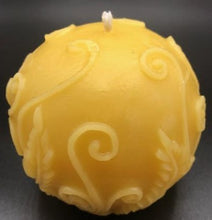 Load image into Gallery viewer, Adorable all natural beeswax ball candle with fern leaves and fiddleheads adorning the sides. Handmade in the USA.