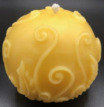 Load image into Gallery viewer, Adorable all natural beeswax ball candle with fern leaves and fiddleheads adorning the sides. Handmade in the USA.