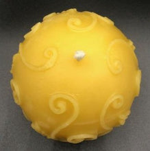 Load image into Gallery viewer, Elegant fern fronds & vines twist and curl to adorn this beautiful ball candle. An impressive option to use as a housewarming gift, birthday gift, anniversary gift, godmother gift, for Mother's Day gift, Christmas gift or as a thank you gift. Relax and unwind while enjoying the ambiance and subtle sweet aroma of this gorgeous fern beeswax ball candle.  Top view of natural yellow beeswax version shown.
