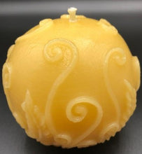 Load image into Gallery viewer, Elegant fern fronds & vines twist and curl to adorn this beautiful ball candle. An impressive option to use as a housewarming gift, birthday gift, anniversary gift, godmother gift, for Mother's Day gift, Christmas gift or as a thank you gift. Relax and unwind while enjoying the ambiance and subtle sweet aroma of this gorgeous fern beeswax ball candle.