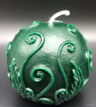 Load image into Gallery viewer, Elegant fern fronds &amp; vines twist and curl to adorn this beautiful ball candle. An impressive option to use as a housewarming gift, birthday gift, anniversary gift, godmother gift, for Mother&#39;s Day gift, Christmas gift or as a thank you gift.  Relax and unwind while enjoying the ambiance and subtle sweet aroma of this gorgeous fern beeswax ball candle.  Green shown.
