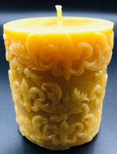 Load image into Gallery viewer, Fleur de Lis design adorns this all natural beeswax pillar candle. Handmade in the USA.