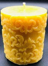 Load image into Gallery viewer, Fleur de Lis design adorns this all natural beeswax pillar candle. Handmade in the USA.