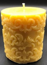 Load image into Gallery viewer, Fleur de Lis design adorns this all natural beeswax pillar candle. Handmade in the USA.