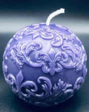 Load image into Gallery viewer, Fleur de Lis Beeswax Ball Candles. Fleur de Lis symbol engraved on the sides of this beautiful ball candle.
