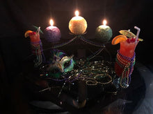 Load image into Gallery viewer, Fleur de Lis Beeswax Ball Candles in fun Mardi Gras colors of purple, green & gold. Centerpiece design perfect for Mardi Gras dinners and parties.