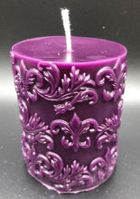 Load image into Gallery viewer, Fleur de Lis design adorns this all natural beeswax pillar candle. Handmade in the USA.