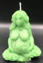 Load image into Gallery viewer, Our beautifully detailed Gaia / Mother Earth Beeswax Candle brings a bit of nature’s beauty into our homes & reminds us to be grateful for all that nature gives us.  She holds the Earth in her hands with stars and the sun above, the plants decorate her limbs, and the infinity symbol decorates her forehead (third eye).   A wonderful gift for nature lovers or to include with meditation practices.