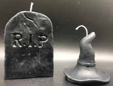 Load image into Gallery viewer, This Witch Hat Beeswax Candle makes the perfect addition to Halloween decor or for parties & weddings with a spooky theme. Halloween wouldn't be complete without a witch or two so be sure to add this Witch Hat Beeswax Candle to complete your decor. Have a Harry Potter fan in your castle? The brown Witch Hat Beeswax Candle makes a perfect sorting hat & can even be used on birthday cakes! Available in black, brown or purple. *** Also shown with our R.I.P. Gravestone Beeswax Candle.