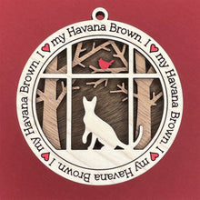 Load image into Gallery viewer, Share the love for our furry friends with these beautiful cat ornaments!  100 different options available.  Send us the name you'd like personalized on it & we'll add it to your ornament.  Our standard background is the trees with the cardinal in them.  If you'd like a different background, please contact us.