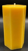 Load image into Gallery viewer, All natural beeswax hexagon shaped pillar candle. Handmade in the USA.