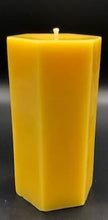Load image into Gallery viewer, All natural beeswax hexagon shaped pillar candle. Handmade in the USA.