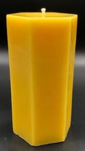 Load image into Gallery viewer, All natural beeswax hexagon shaped pillar candle. Handmade in the USA.