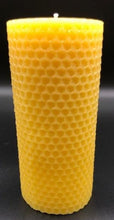 Load image into Gallery viewer, Honey comb design adorns this all natural beeswax pillar candle. Handmade in the USA. Classic honeycomb pattern 100% pure beeswax pillar candle goes perfect anywhere! The gorgeous golden hexagonal outer-crust of the candle illuminates beautifully against the flame inside the candle. This candle is a unique and thoughtful idea for a housewarming gift, or that perfect gift for the nature lover, eco-friendly conscious person in your life, or even yourself! :)