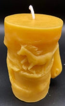 Load image into Gallery viewer, Horse design surrounds this all natural beeswax candle. Horse head on the front and wild horses running on the back side of the candle. Handmade in the USA.