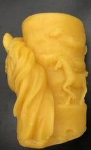 Load image into Gallery viewer, Horse design surrounds this all natural beeswax candle. Horse head on the front and wild horses running on the back side of the candle. Handmade in the USA.