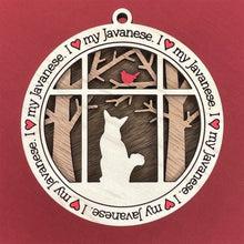 Load image into Gallery viewer, Share the love for our furry friends with these beautiful cat ornaments!  100 different options available.  Send us the name you'd like personalized on it & we'll add it to your ornament.  Our standard background is the trees with the cardinal in them.  If you'd like a different background, please contact us.