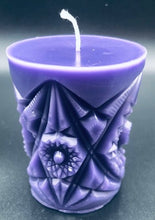 Load image into Gallery viewer, Kaleidoscope design adorns the sides of this pillar type all natural beeswax candle. Handmade in the USA.
