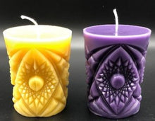 Load image into Gallery viewer, Kaleidoscope design adorns the sides of this pillar type all natural beeswax candle. Handmade in the USA.
