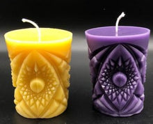 Load image into Gallery viewer, Kaleidoscope design adorns the sides of this pillar type all natural beeswax candle. Handmade in the USA.