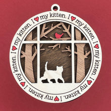 Load image into Gallery viewer, Share the love for our furry friends with these beautiful cat ornaments!  100 different options available.  Send us the name you'd like personalized on it & we'll add it to your ornament.  Our standard background is the trees with the cardinal in them.  If you'd like a different background, please contact us.