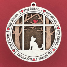Load image into Gallery viewer, Share the love for our furry friends with these beautiful cat ornaments!  100 different options available.  Send us the name you'd like personalized on it & we'll add it to your ornament.  Our standard background is the trees with the cardinal in them.  If you'd like a different background, please contact us.