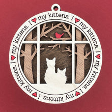 Load image into Gallery viewer, Share the love for our furry friends with these beautiful cat ornaments!  100 different options available.  Send us the name you'd like personalized on it & we'll add it to your ornament.  Our standard background is the trees with the cardinal in them.  If you'd like a different background, please contact us.