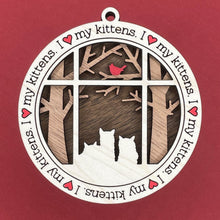Load image into Gallery viewer, Share the love for our furry friends with these beautiful cat ornaments!  100 different options available.  Send us the name you'd like personalized on it & we'll add it to your ornament.  Our standard background is the trees with the cardinal in them.  If you'd like a different background, please contact us.