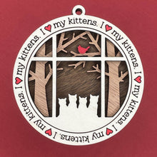 Load image into Gallery viewer, Share the love for our furry friends with these beautiful cat ornaments!  100 different options available.  Send us the name you'd like personalized on it & we'll add it to your ornament.  Our standard background is the trees with the cardinal in them.  If you'd like a different background, please contact us.