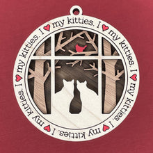 Load image into Gallery viewer, Share the love for our furry friends with these beautiful cat ornaments!  100 different options available.  Send us the name you'd like personalized on it & we'll add it to your ornament.  Our standard background is the trees with the cardinal in them.  If you'd like a different background, please contact us.