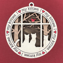 Load image into Gallery viewer, Share the love for our furry friends with these beautiful cat ornaments!  100 different options available.  Send us the name you'd like personalized on it & we'll add it to your ornament.  Our standard background is the trees with the cardinal in them.  If you'd like a different background, please contact us.