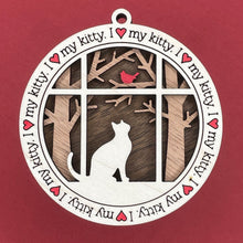 Load image into Gallery viewer, Share the love for our furry friends with these beautiful cat ornaments!  100 different options available.  Send us the name you'd like personalized on it & we'll add it to your ornament.  Our standard background is the trees with the cardinal in them.  If you'd like a different background, please contact us.