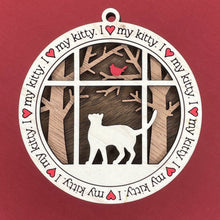 Load image into Gallery viewer, Share the love for our furry friends with these beautiful cat ornaments!  100 different options available.  Send us the name you'd like personalized on it & we'll add it to your ornament.  Our standard background is the trees with the cardinal in them.  If you'd like a different background, please contact us.