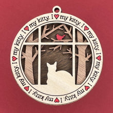 Load image into Gallery viewer, Share the love for our furry friends with these beautiful cat ornaments!  100 different options available.  Send us the name you'd like personalized on it & we'll add it to your ornament.  Our standard background is the trees with the cardinal in them.  If you'd like a different background, please contact us.