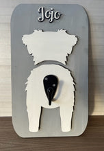 Load image into Gallery viewer, Super cute, customizable leash holder.  Custom laser cut & painted.  Add your dog's name & type (see photos) to personalize your sign!  Dog butt image with matching 'tail' leash holder hook.