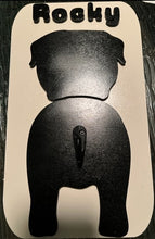 Load image into Gallery viewer, Super cute, customizable leash holder.  Custom laser cut & painted.  Add your dog's name & type (see photos) to personalize your sign!  Dog butt image with matching 'tail' leash holder hook.