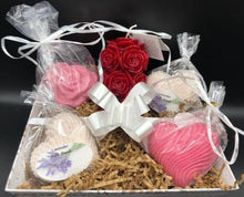 Load image into Gallery viewer, This beautiful gift basket is sure to brighten anyone's day!  Packed full of amazing products to sooth away that special someone's cares & let them know they're always in your heart.  Set contains one red rose beeswax pillar candle, two goat's milk soaps and two heart shaped Lavender Bath Bombs.  All packed up and ready to go.  Perfect for Mother's Day gifts, Birthday gifts, Valentine's Day gifts, Engagement or Wedding gifts or just to let someone know you're thinking of them.